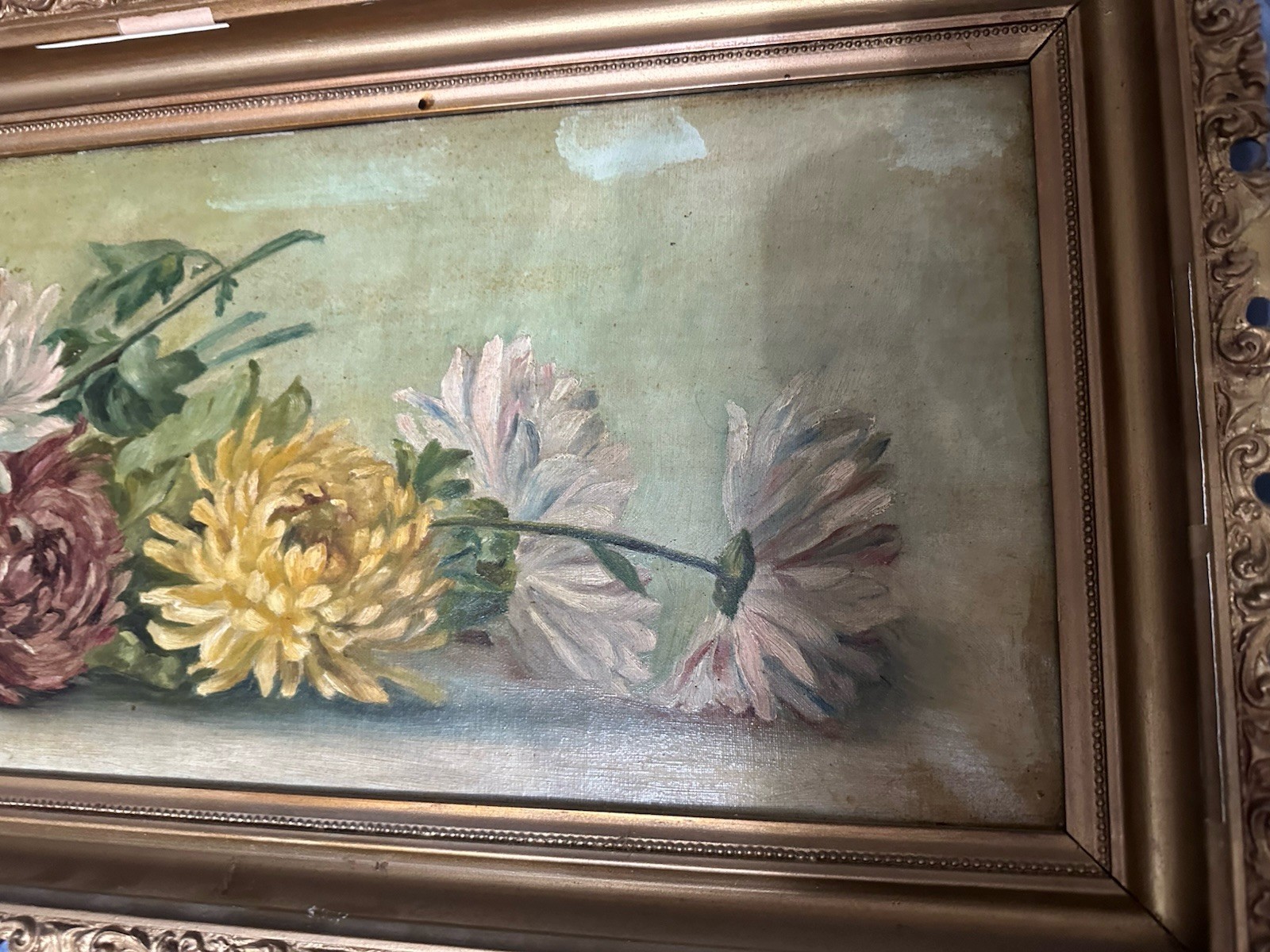 Antique Victorian Rare Horizontal Oil / C Chrysanthemum’s 40 X 14 Still Life