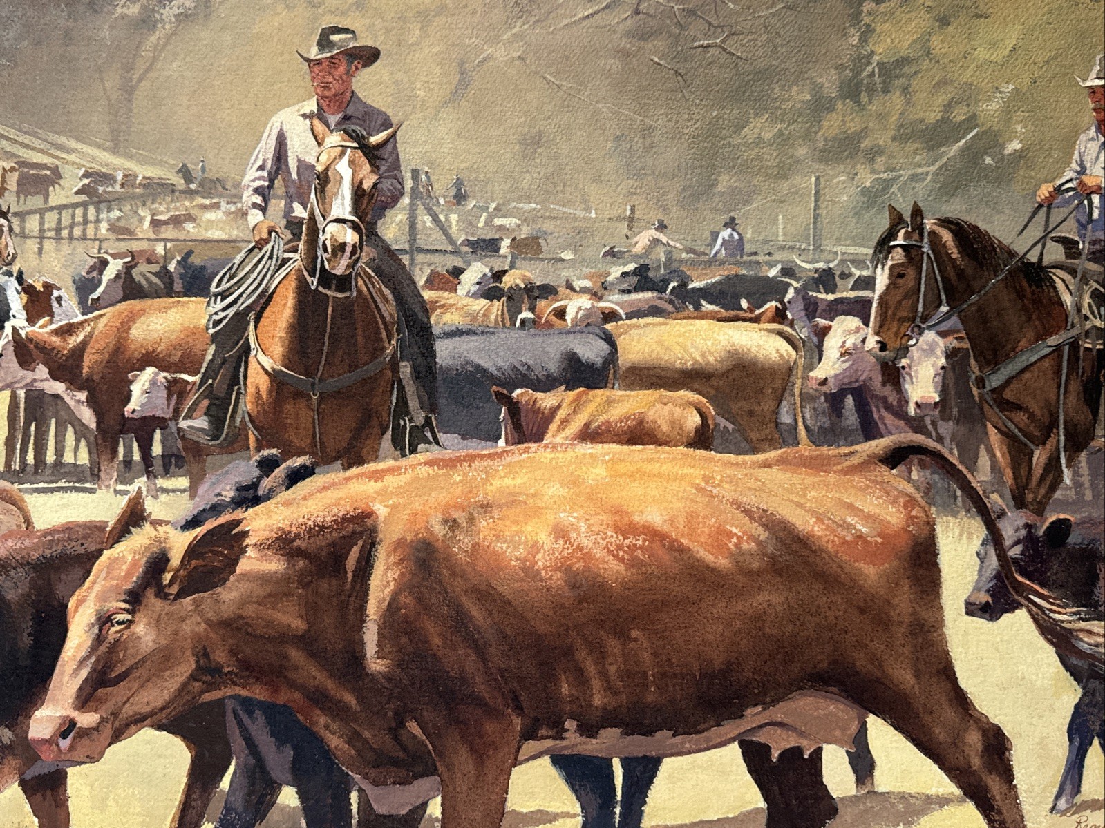 VINTAGE COWBOY PAINTING WESTERN RANCH COWBOYS FARM FARMING AMERICAN COWS