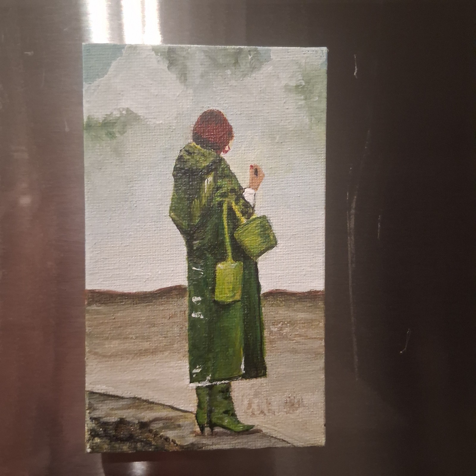 Painting Dessert Woman Ledge figure Green Rain Coat Magnet By Stacy Singleton