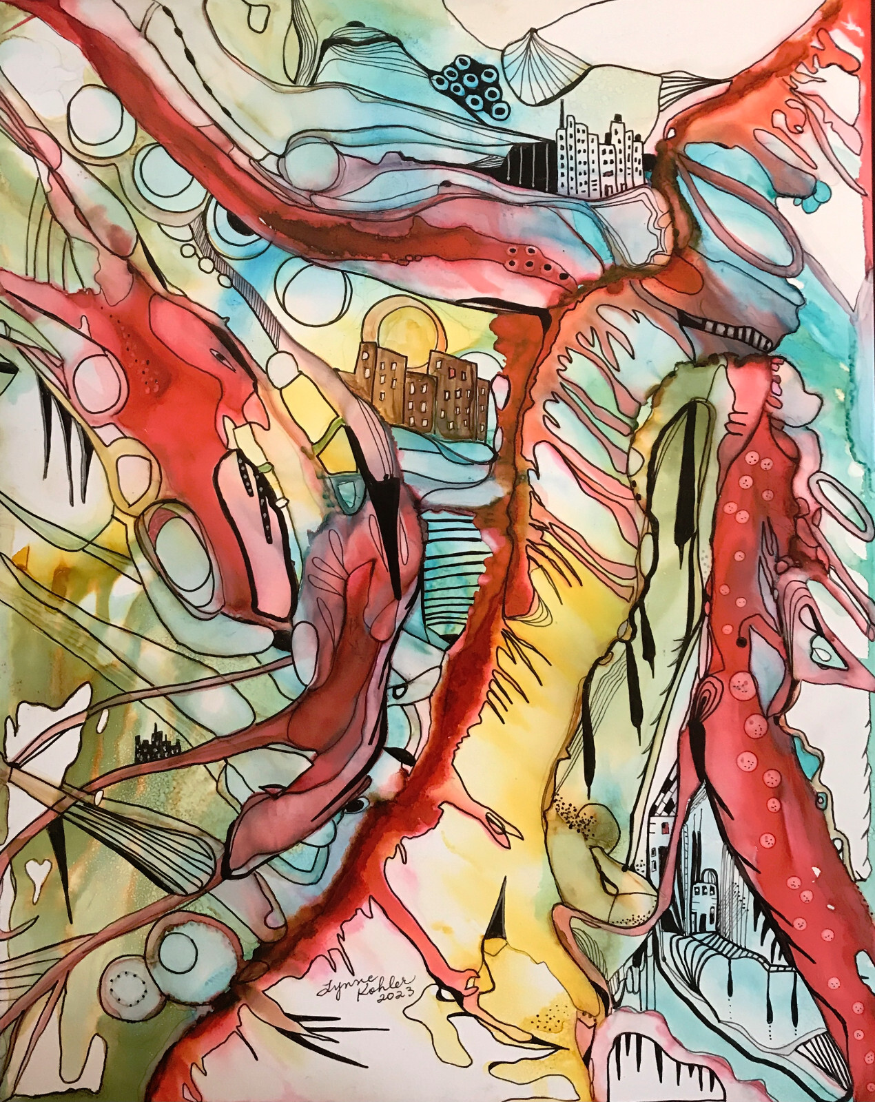 Original Painting 11×14″ abstract houses landscape by Lynne Kohler