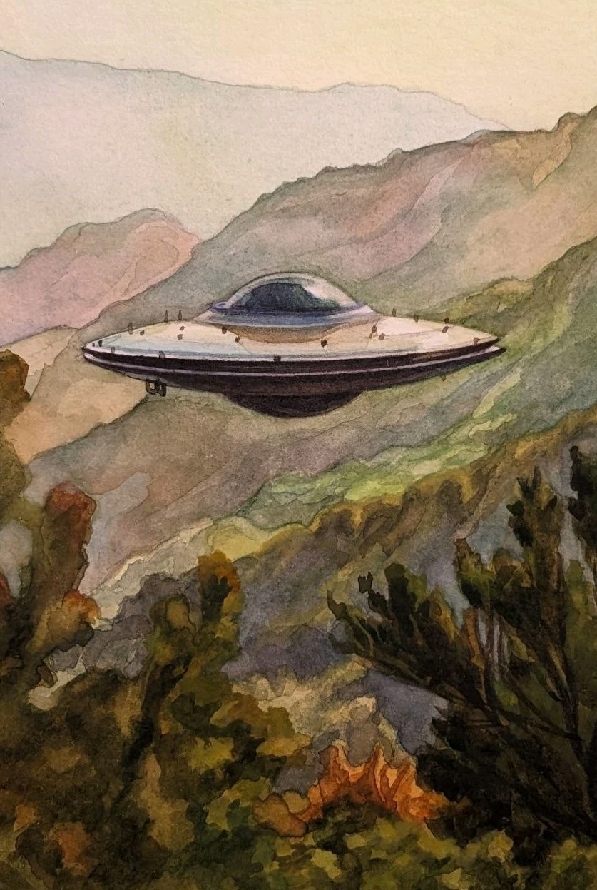 Original UFO Watercolor Painting 5×7, Sci-Fi Landscape Art, Flying Saucer