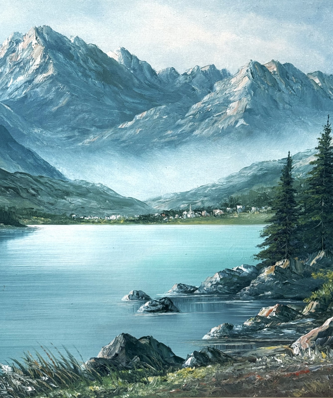 Olshof Stoltz (German), VTG c. 1950’s Ex. Large O/C «Mountain Lake Landscape»!