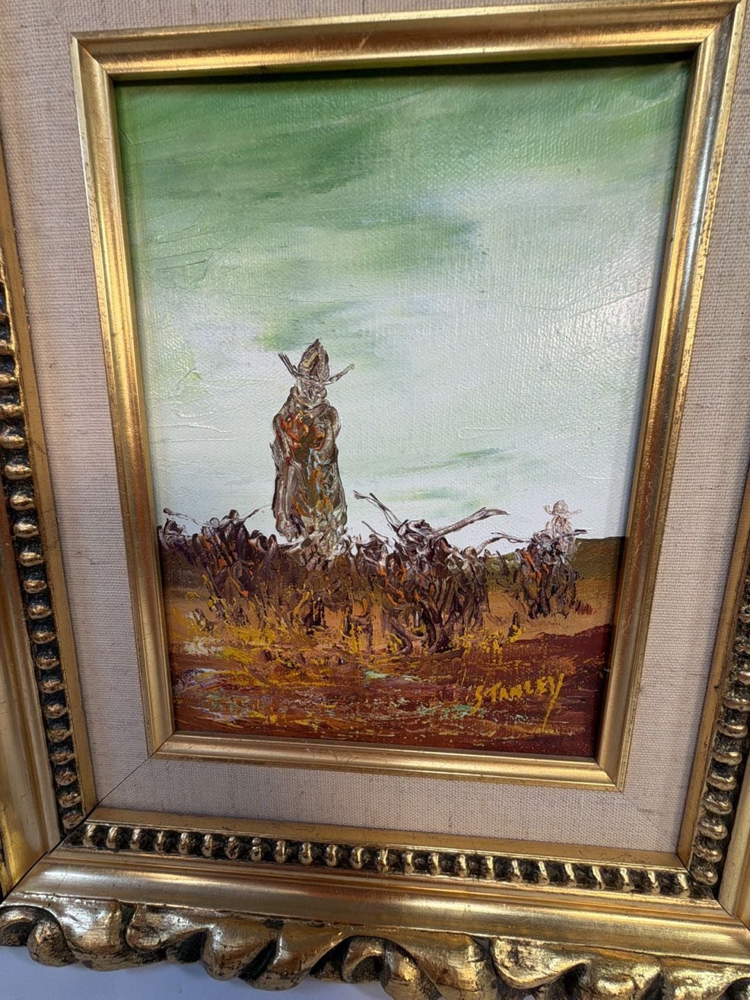 Vintage RC Stanley Western Cowboy Oil Painting on Canvas in Ornate Gold Frame