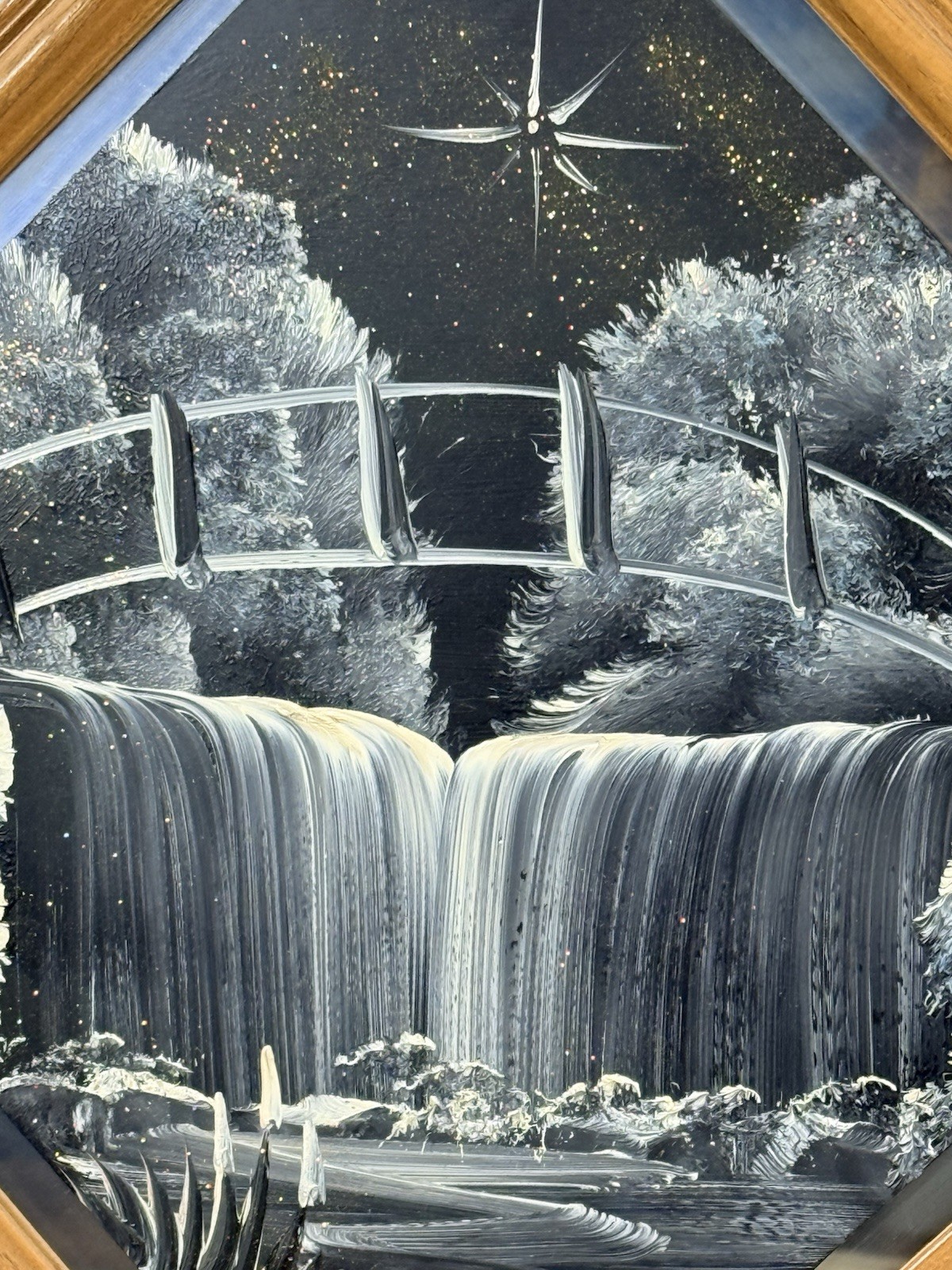 Waterfall Landscape Painting On Mirror Signed By Tom Dunham 13.5 Inches By 13.5