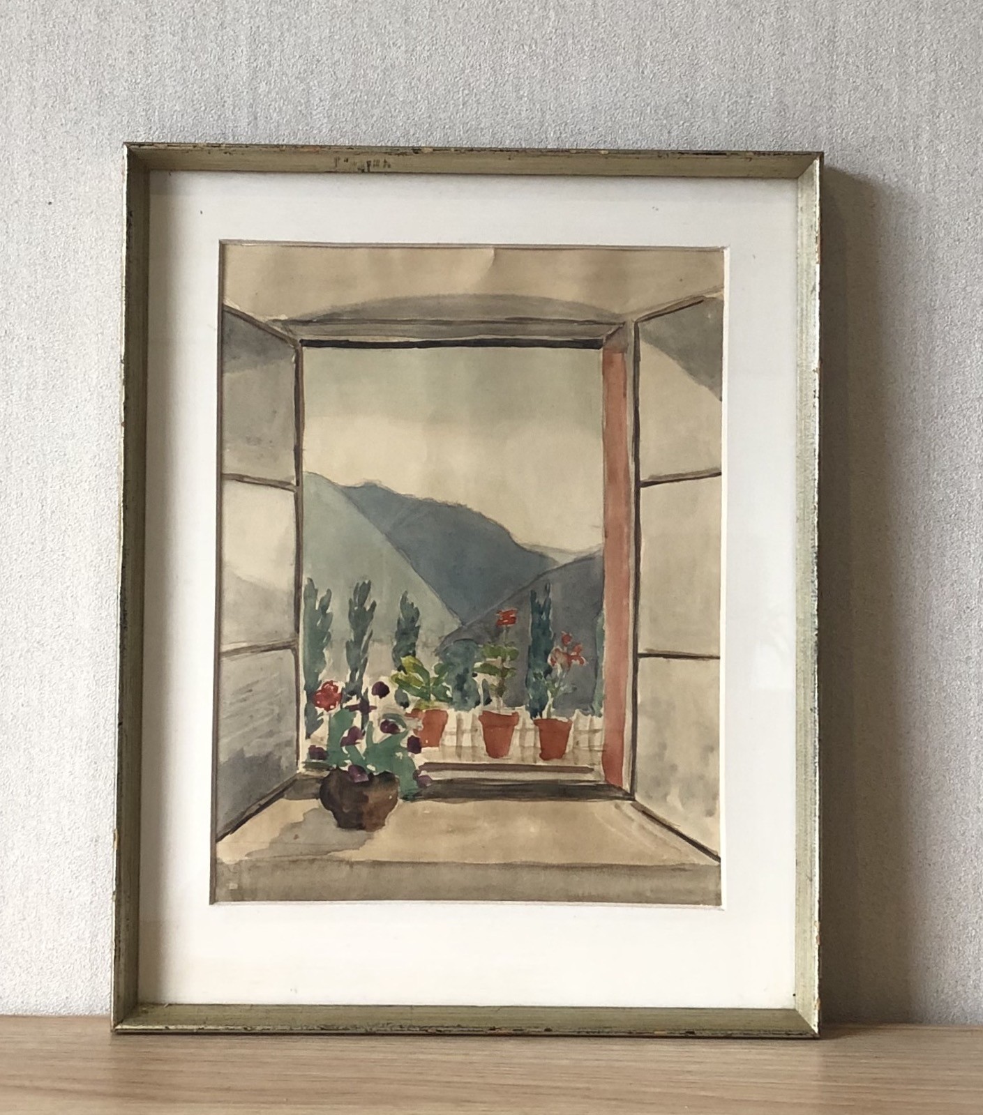 Unknown Painter – Potted Flowers at Open Window – Mountain View – Watercolor