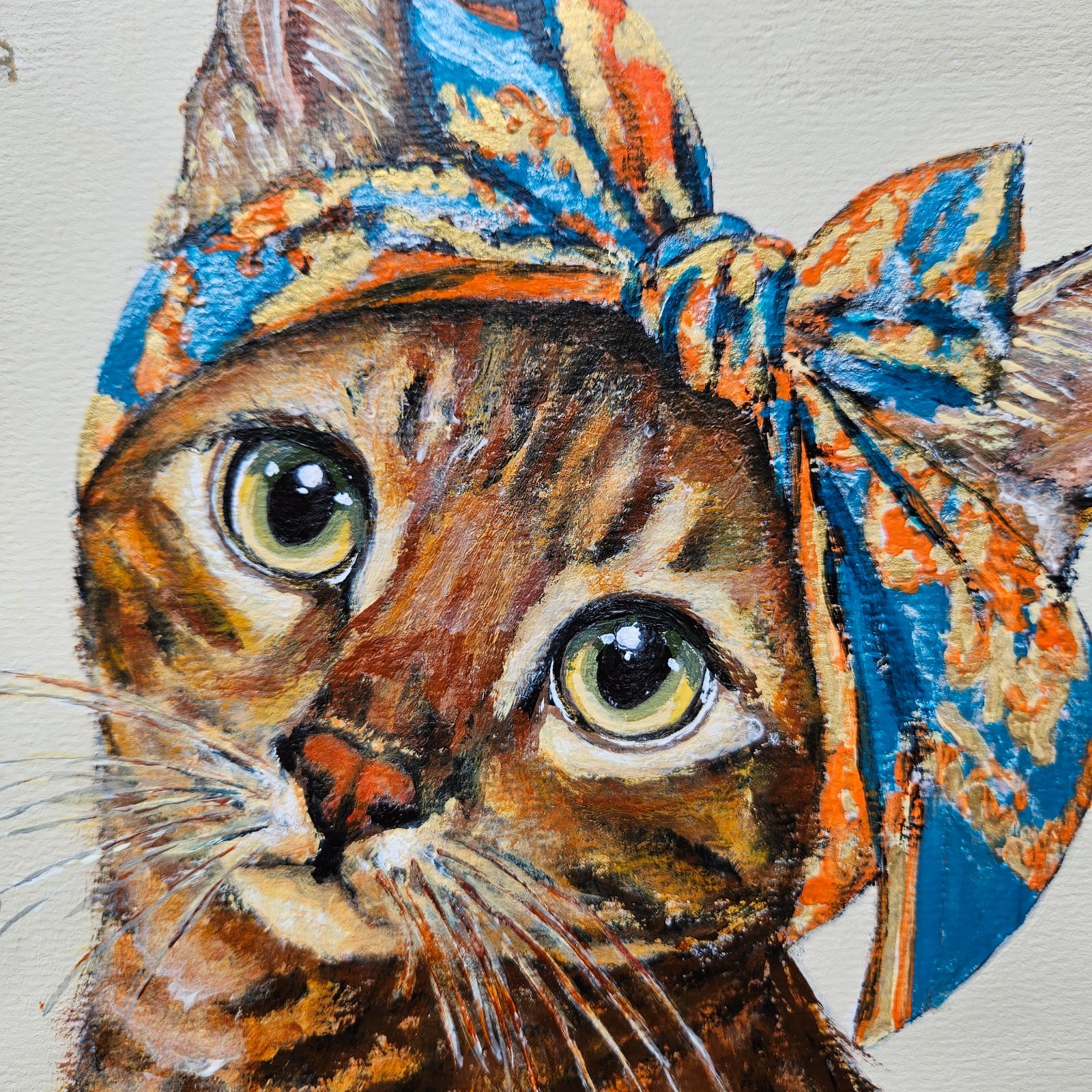 Bengal Cat Portrait Painting Spotted Feline Headscarf Original Acrylic Art Wall