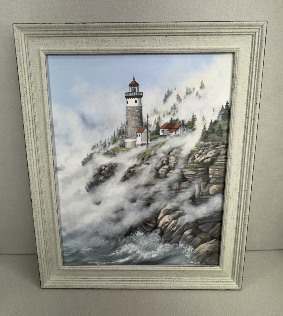 VTG Lighthouse Framed Painting Coastal Seascape Art 16×20 23.5×19