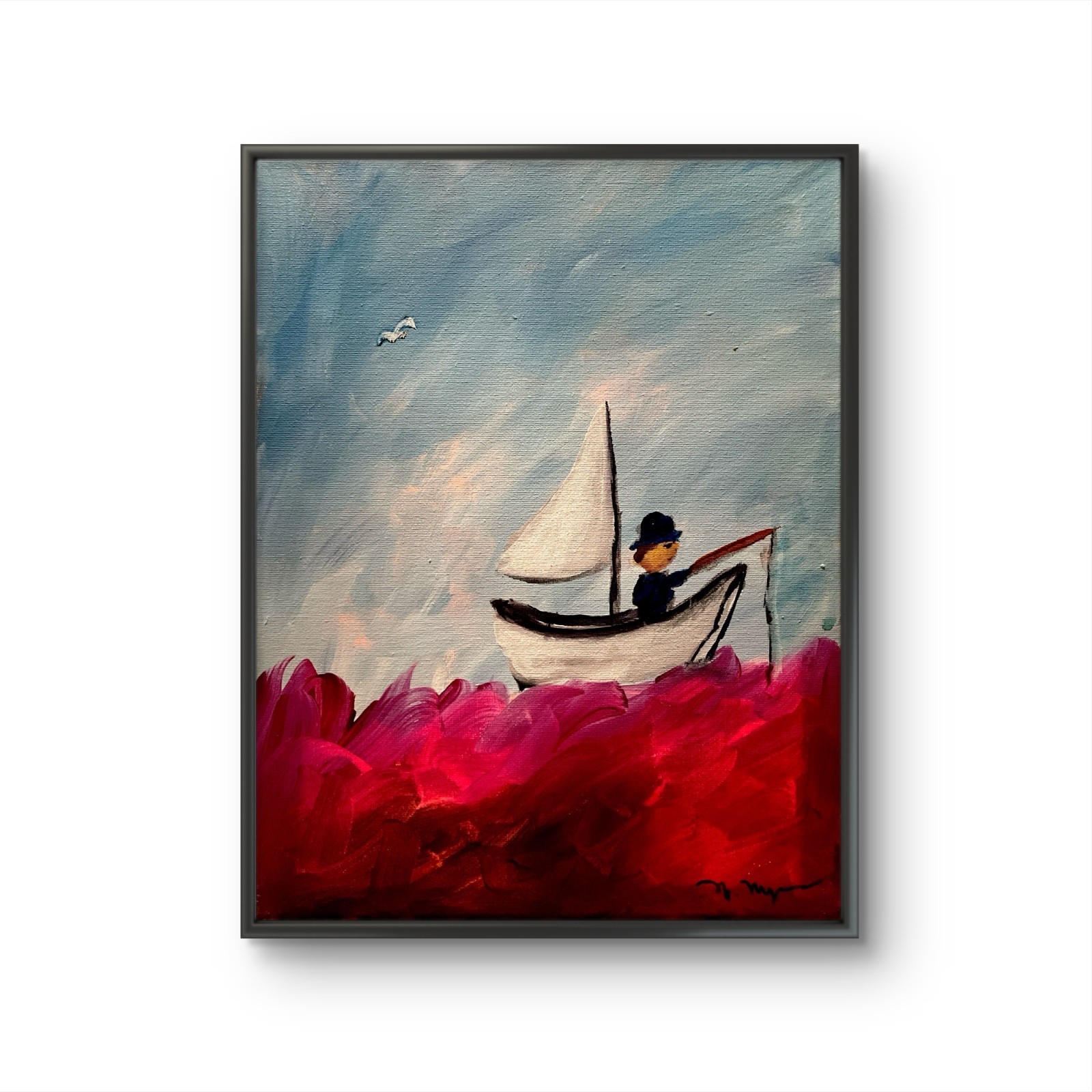 Mary Myers Original Sailboat Fishing 11×14 Acrylic Signed Whimsical Expressionis