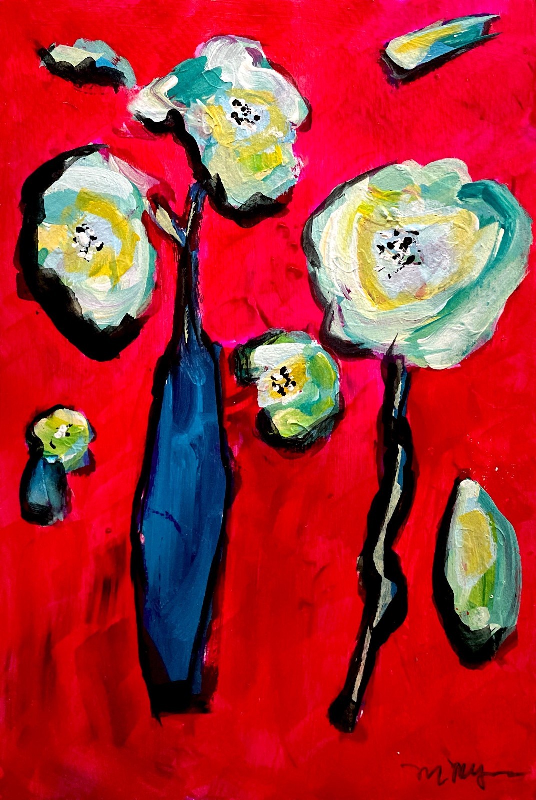 Mary Myers Original Abstract Expressionist Floral Red Acrylic Wood Panel