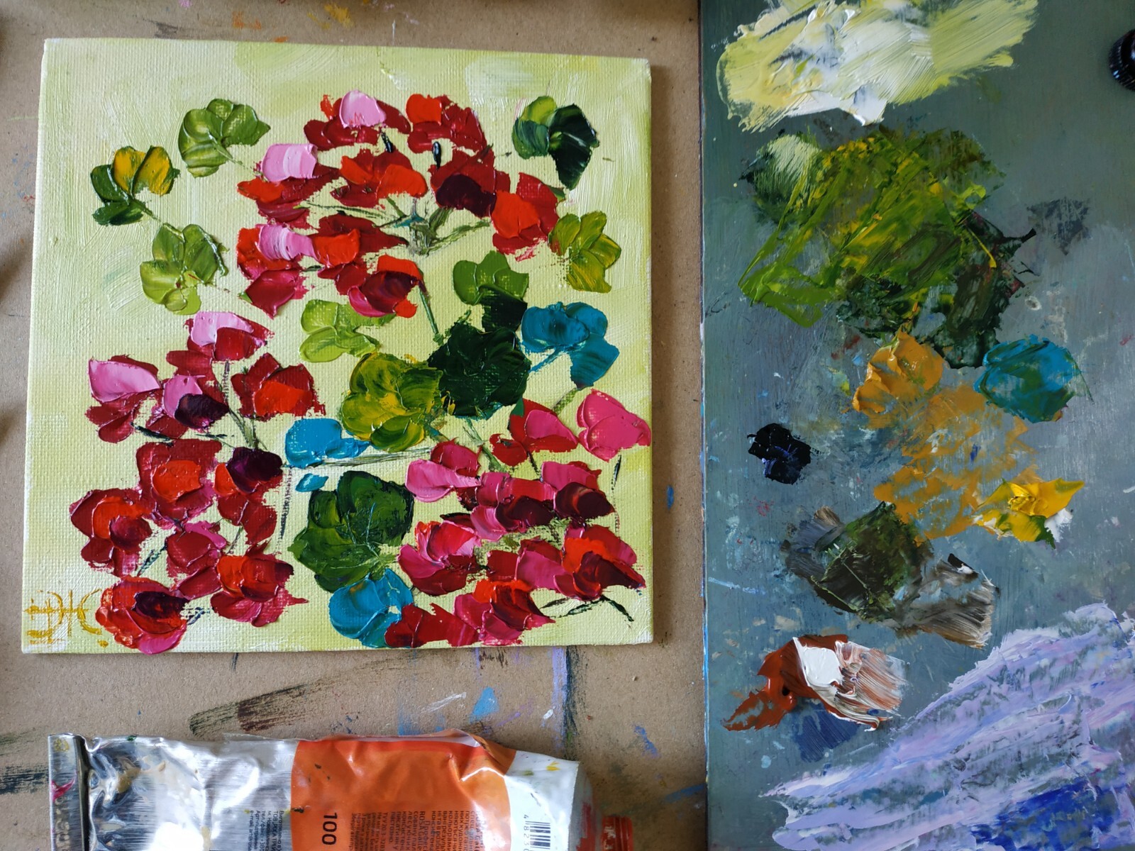 Geranium Painting Impasto Oil Painting Floral Art Original Small Art 3D Art 6х6