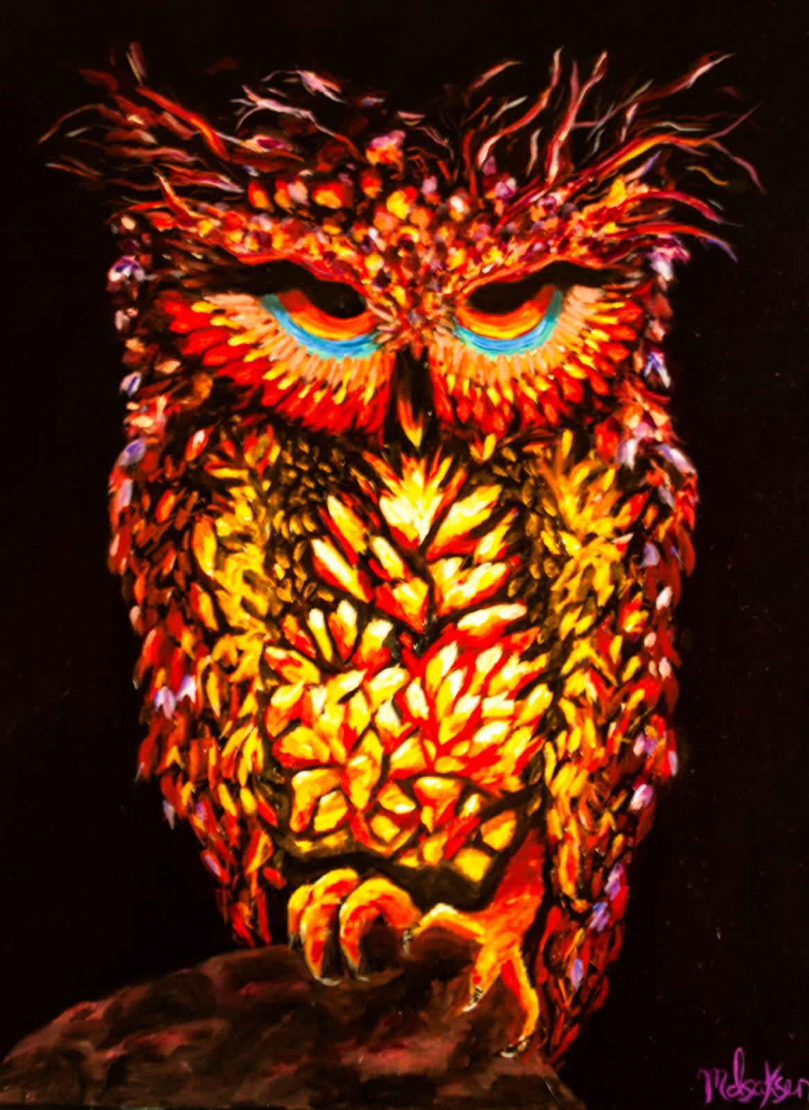 Fiery Owl Painting 18×24 Original Woodland Fantasy Art by M Isaksen