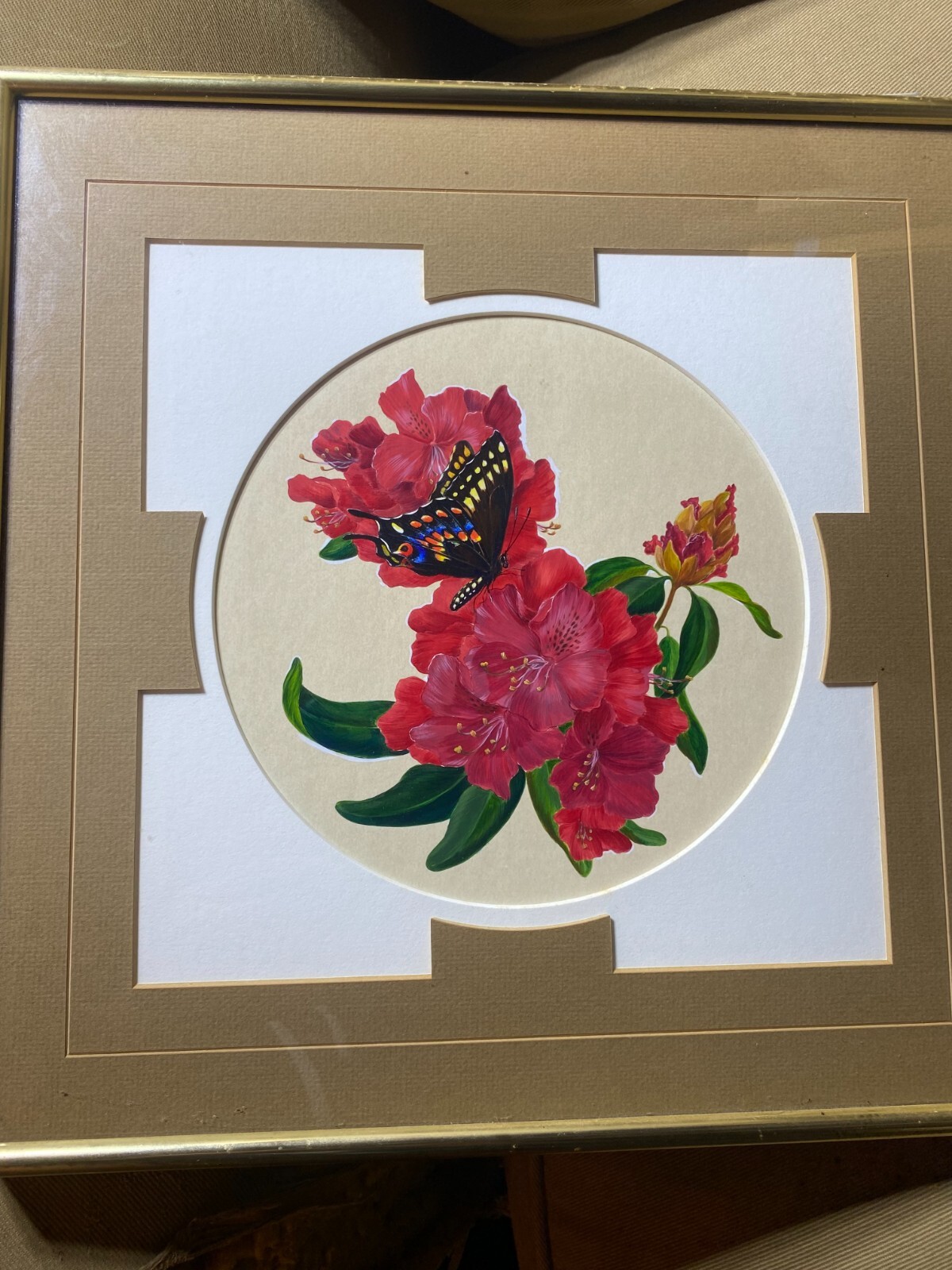 Stunning «A Butterfly And Red Roses Scene» Oil On Paper Painting – Framed