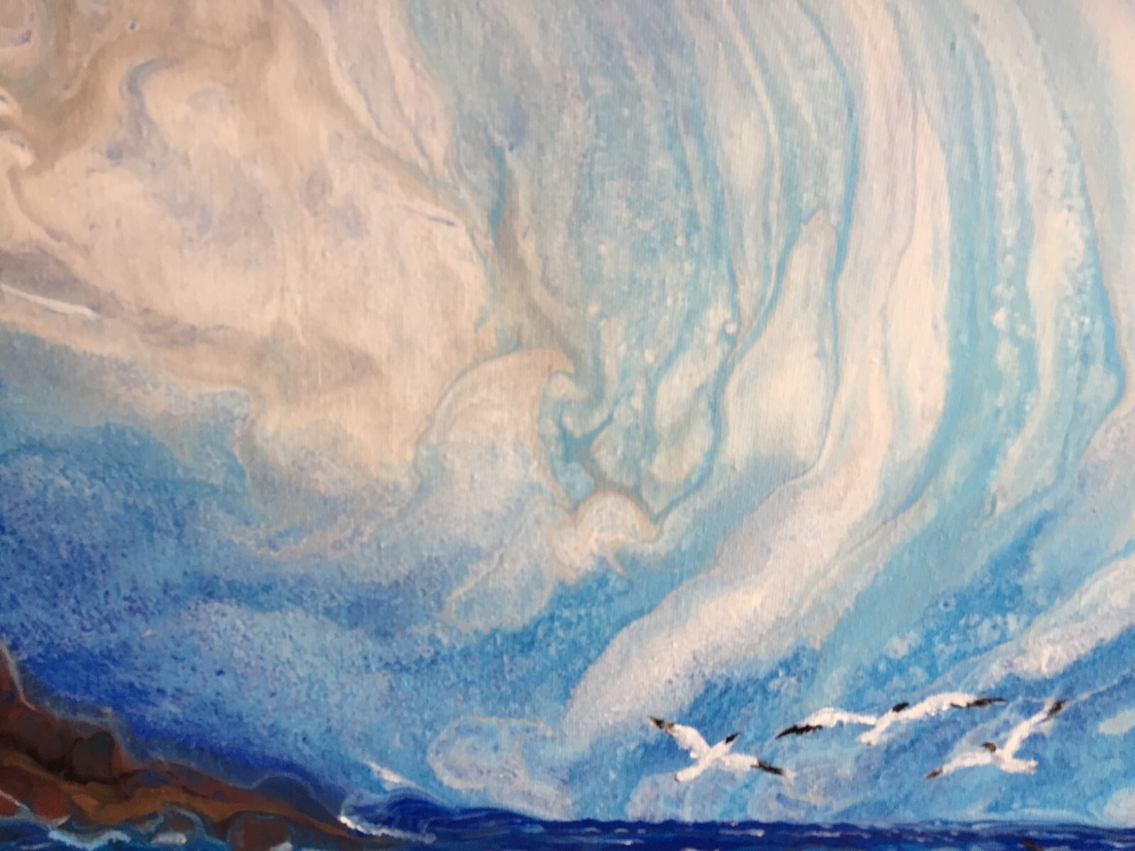 Original Ocean acrylic pour painting on large canvas Fluid art 24×32″