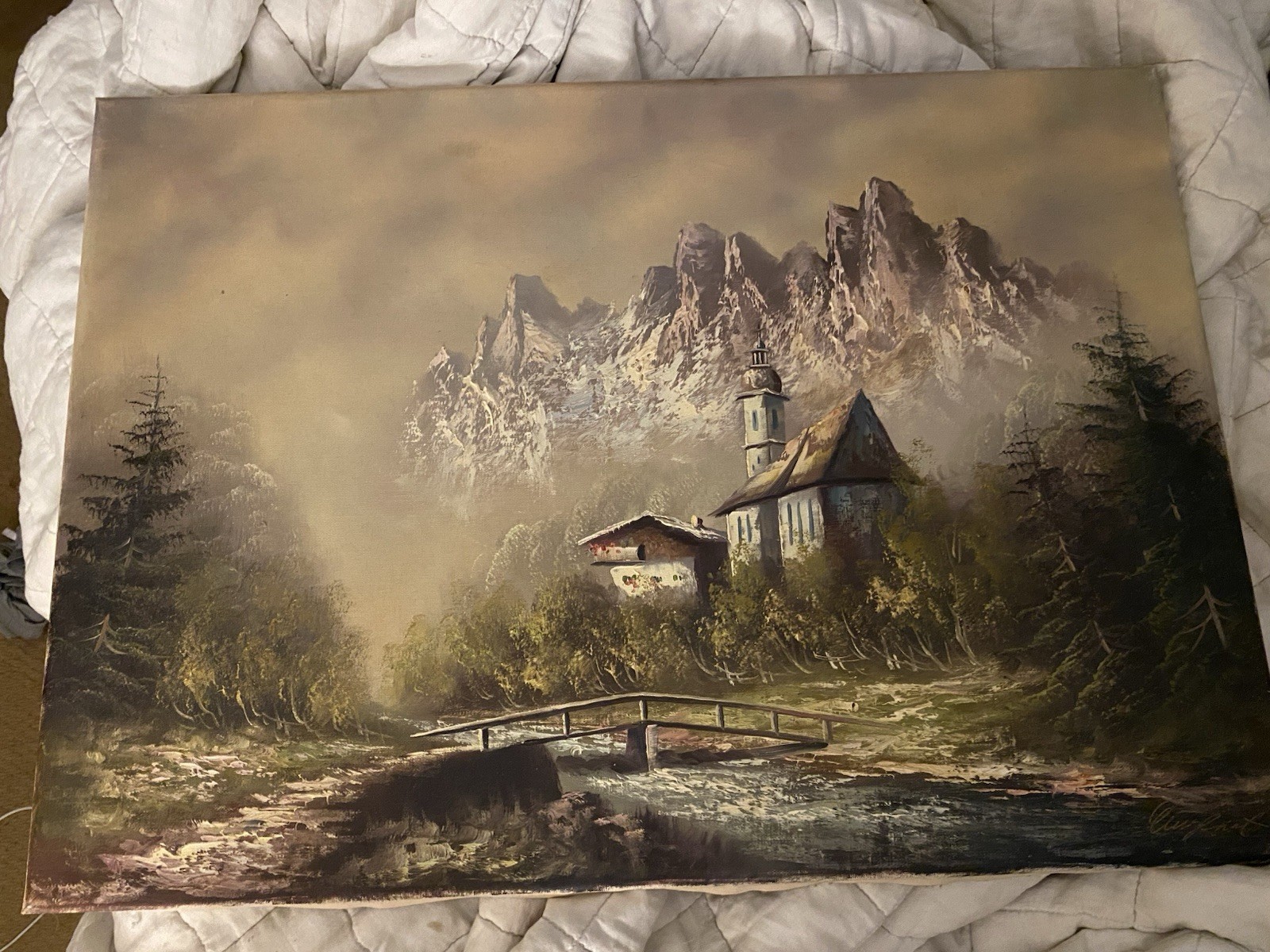 Vintage European Alps Landscape Oil Painting Signed Chalet Church Bridge