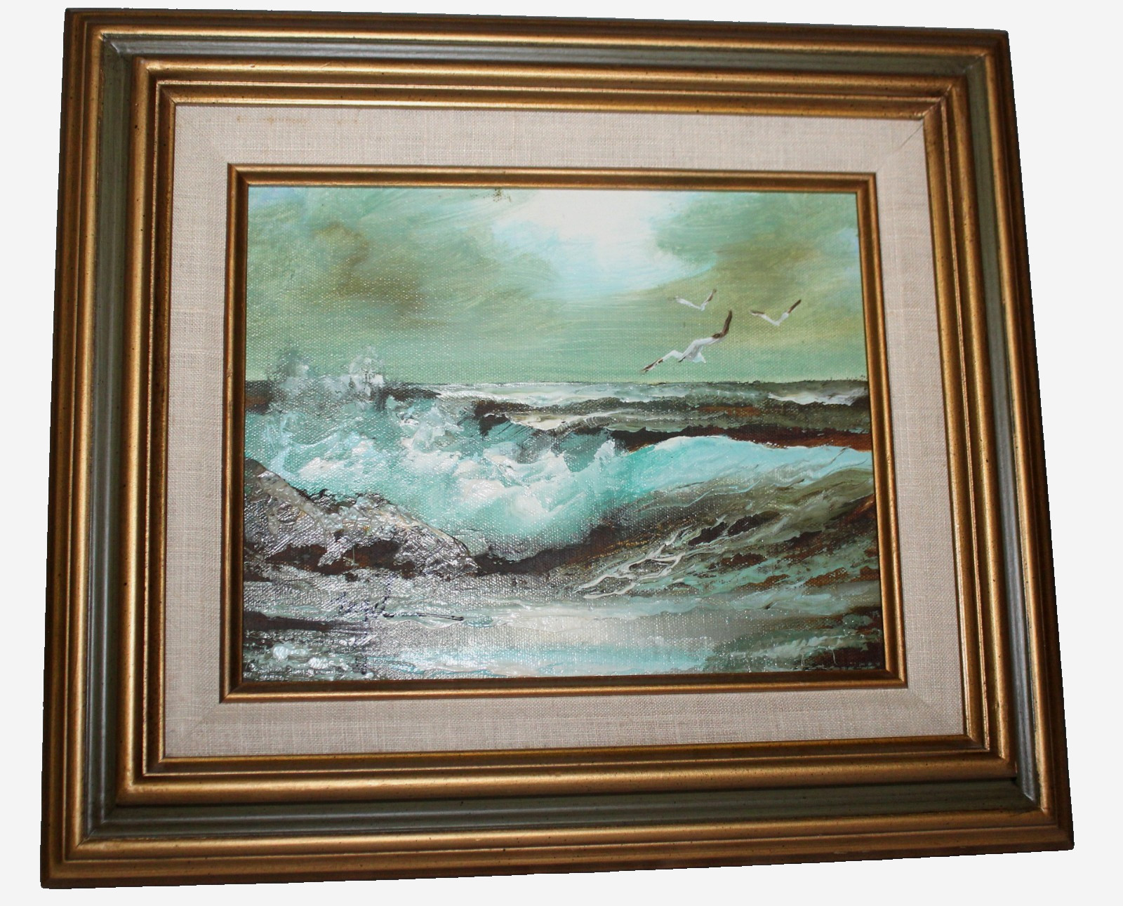 VINTAGE ENGEL SEASCAPE BEACH OCEAN WAVES OIL PAINTING CANVAS WOOD 8 X 10″ SIGNED