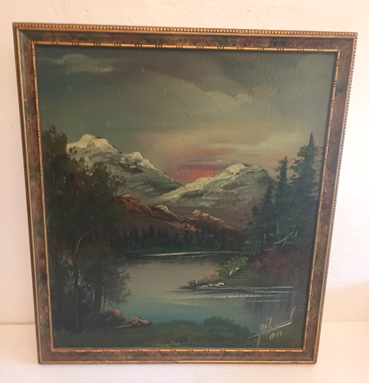 Signed M A Sundown Native American Folk Art Oil on Board Parson’s Indian Village