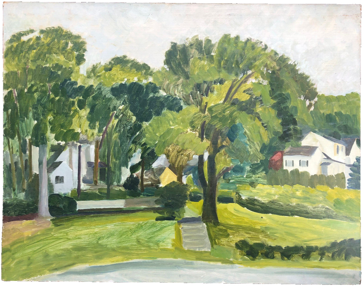 Houses, Trees in Suburbia 18 3/4″ x 24″ Oil Painting-1960s-Israel Louis Winarsky