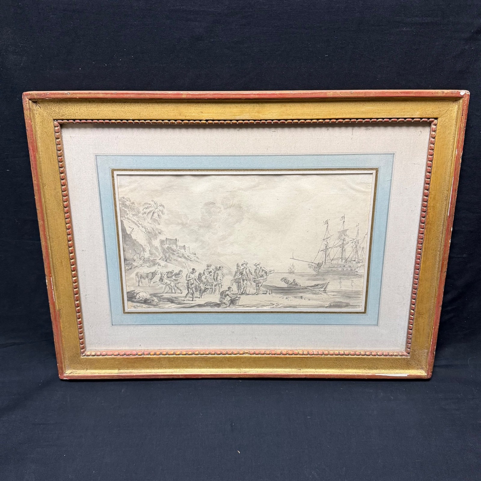 European School Harbor Scene Ink & Wash Drawing