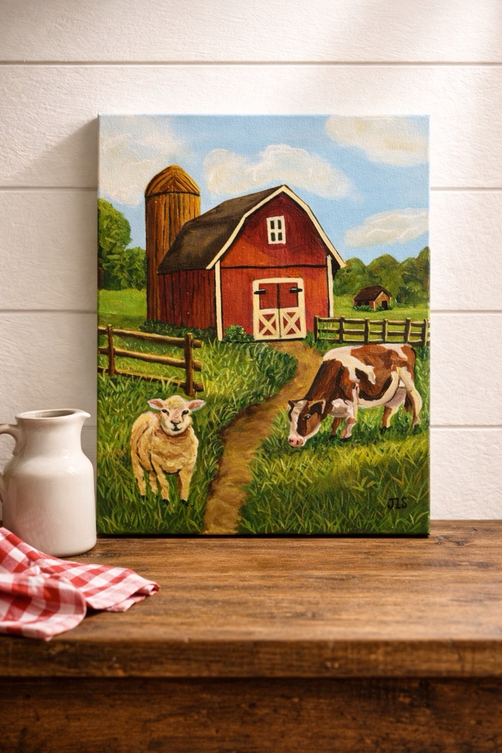 Red Barn Farm Painting Cow Sheep Country Landscape Art 16×20