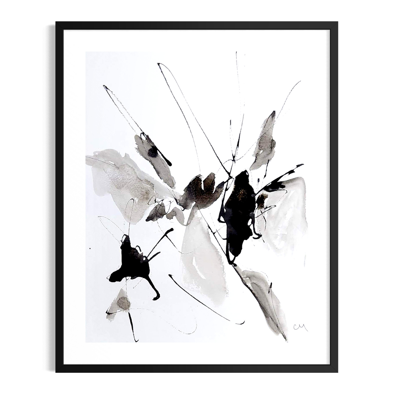 Original Abstract 9×12 Painting Ink Black White Wall Art Living Room