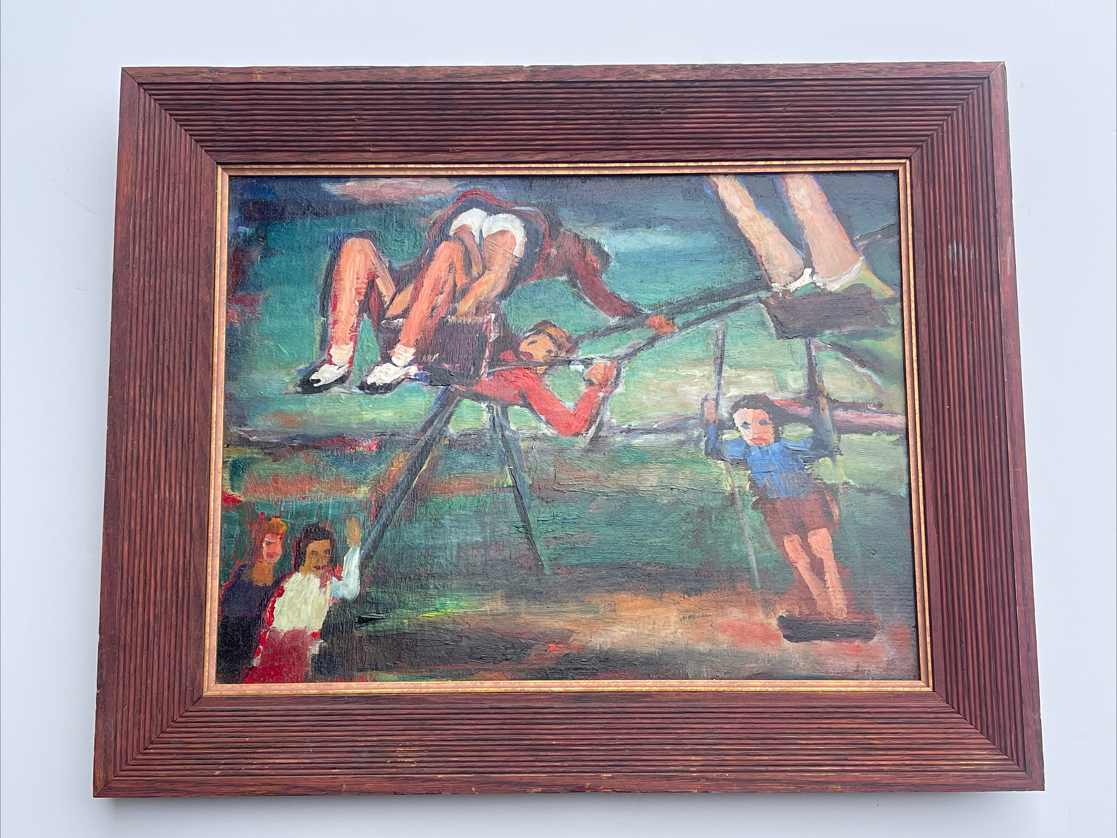 ANTIQUE PAINTING WPA ERA EXPRESSIONISM CHICAGO MODERNIST CHILDREN SWING SET RARE