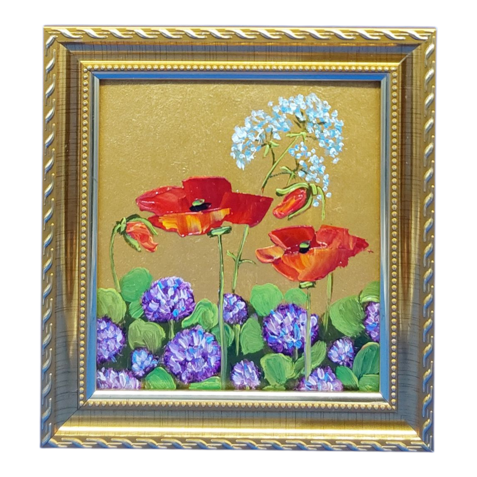 Clover Wildflowers Poppies Original Oil Painting Gold Framed Wall Art Handmade