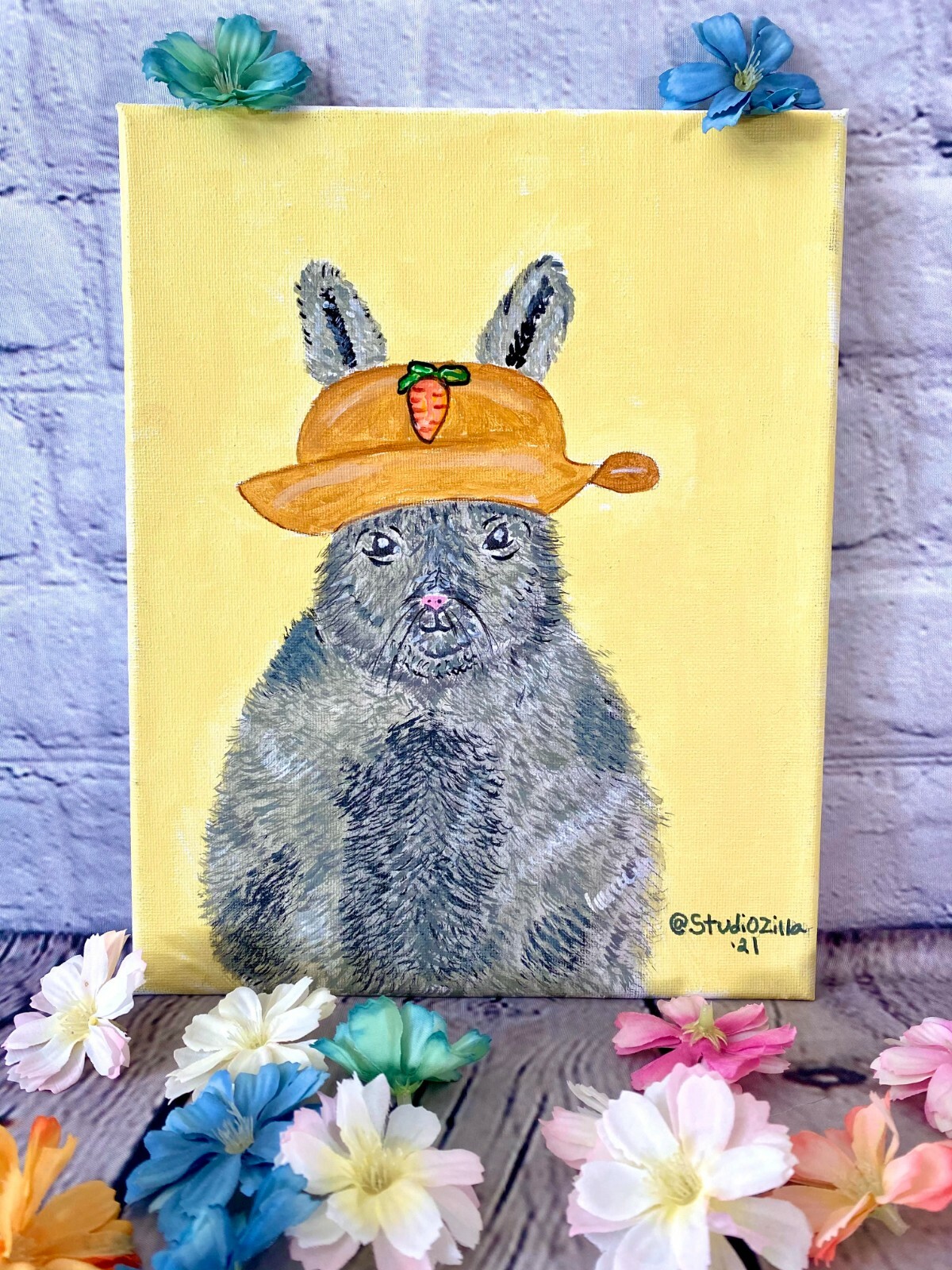 Painting of bunny with floppy hat, acrylic painting with bunny, kids room decor
