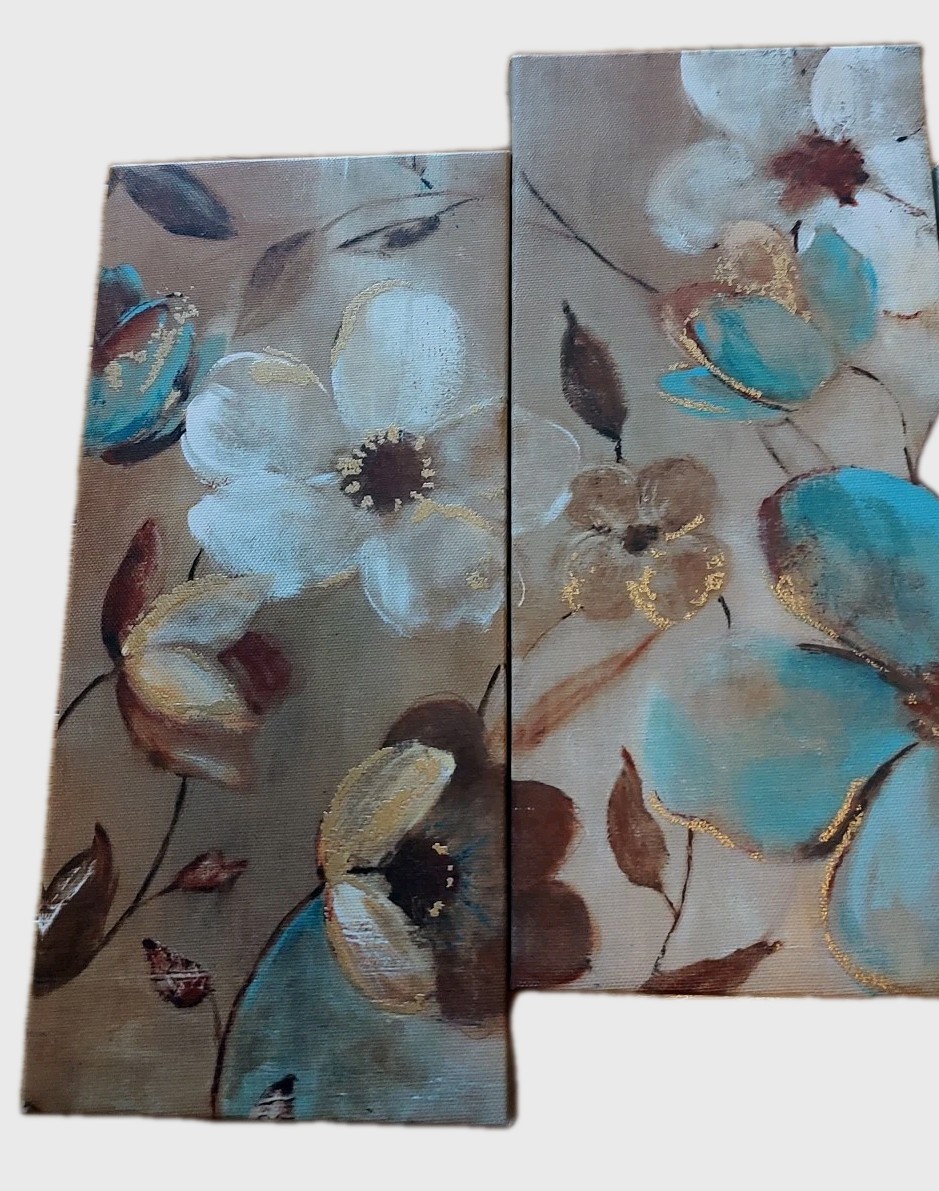 5 Panel Canvas Wall Art Teal/Beige Flowers With Gold Embossing