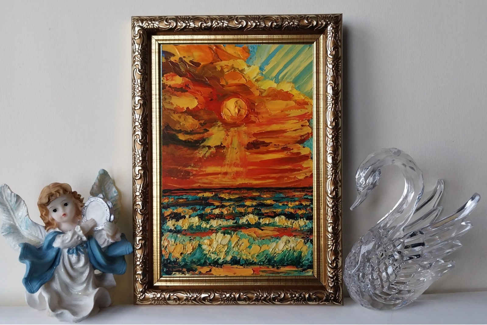 Framed Small Seascape Bright Sunset Sky Art 4×6” Impasto Original Oil Painting