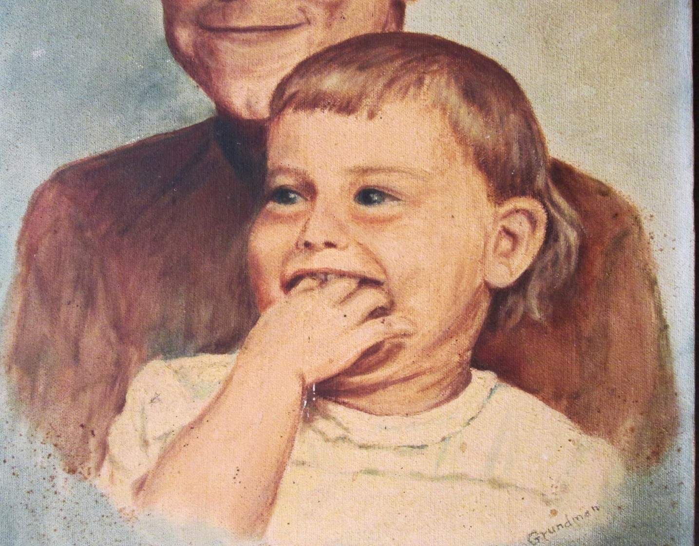 ULTRA KITSCHY 1950s PORTRAIT OF TWO CHILDREN Signed Grundman ~ Primitive