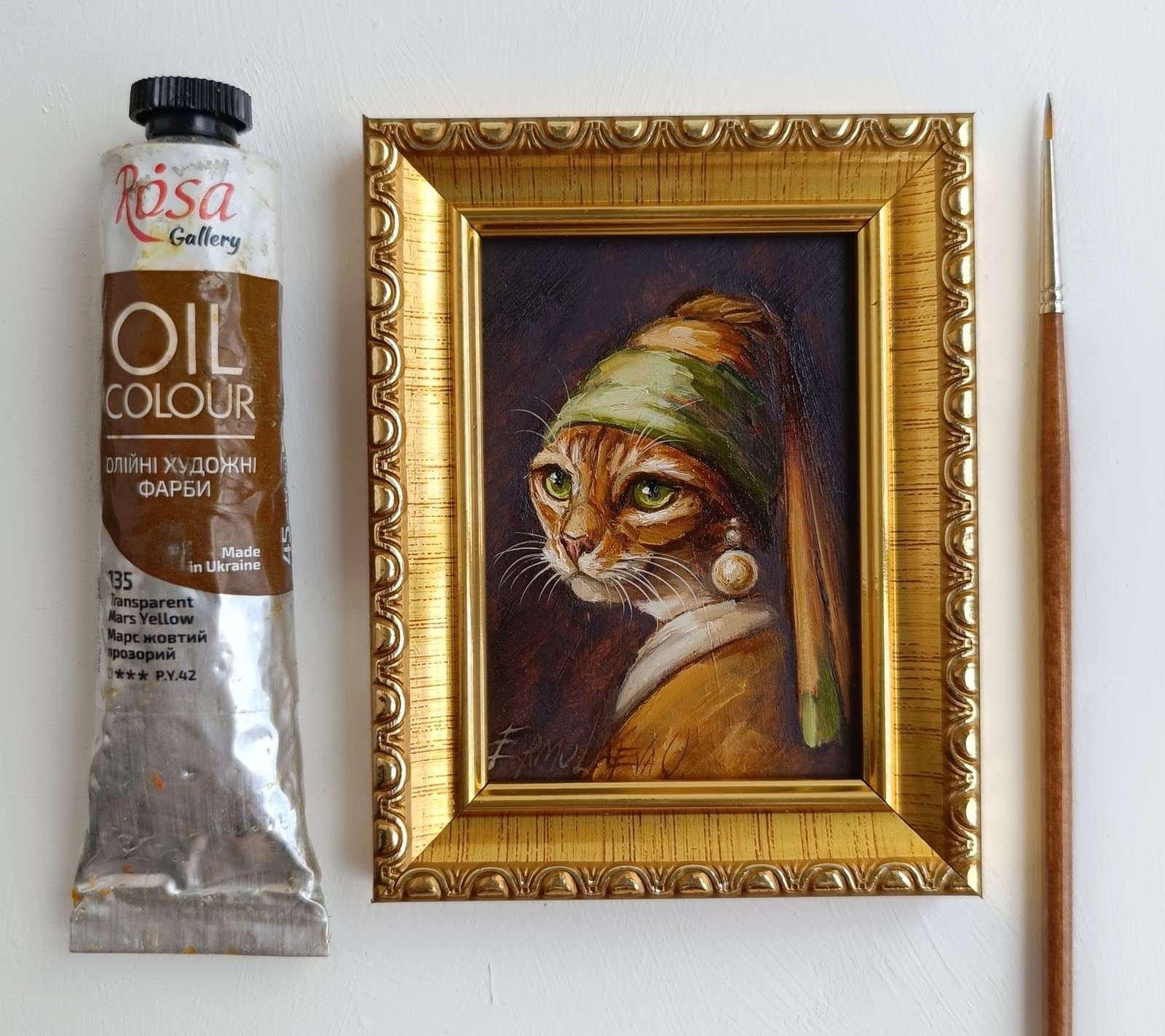ACEO Cat with Pearl Earring Oil Painting Framed Original Artwork 2.5×3.5 in