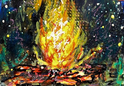 ORIGINAL ACEO Painting CAMPFIRE Night Fire TREES Woods Bonfire Camping ATC ART
