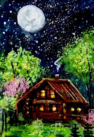 ACEO Original PAINTING Spring TREE Night Sky Moon CABIN Nature Landscape ATC ART