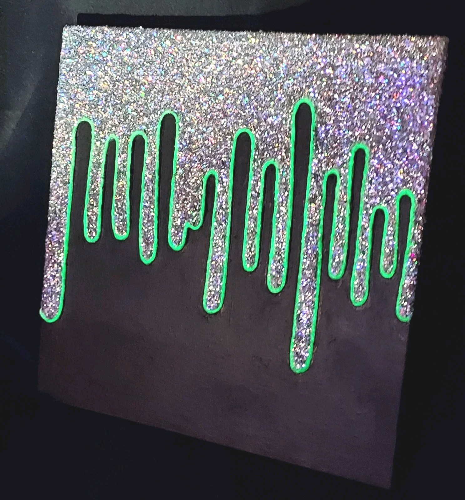 Glow N Dark Glitter Painting On Canvas Black With Silver Holographic Glitter