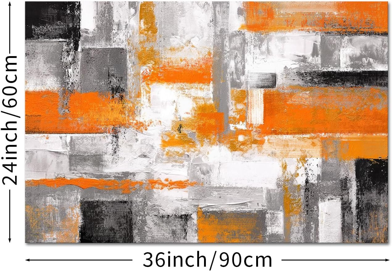 Orange Grey Geometric Canvas Art – Modern Abstract Wall Decor 24×36 Inch