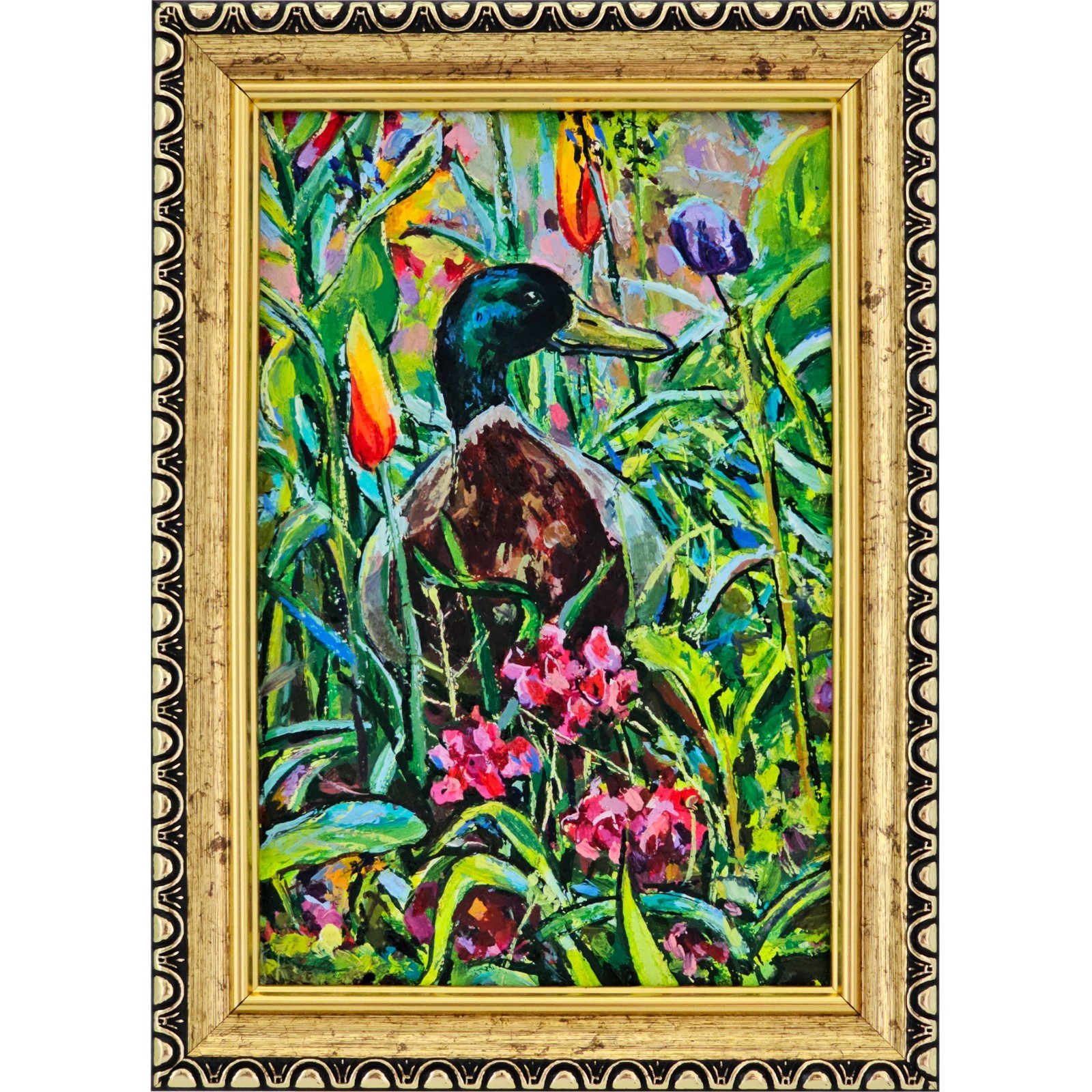 Original Oil Painting Duck Floral Garden Wildlife Nature Art 4×6 Framed