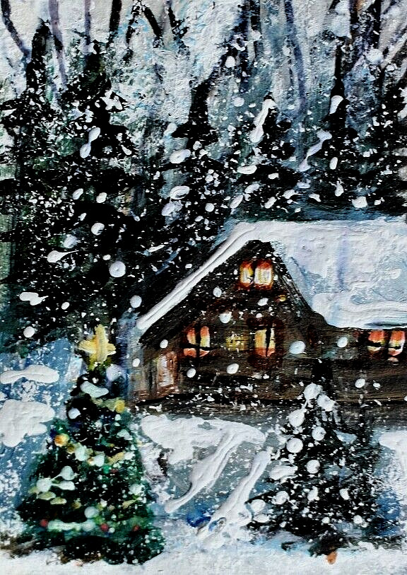 ACEO Original Winter CABIN Pine Tree PAINTING Snow Holiday XMAS Landscape ART
