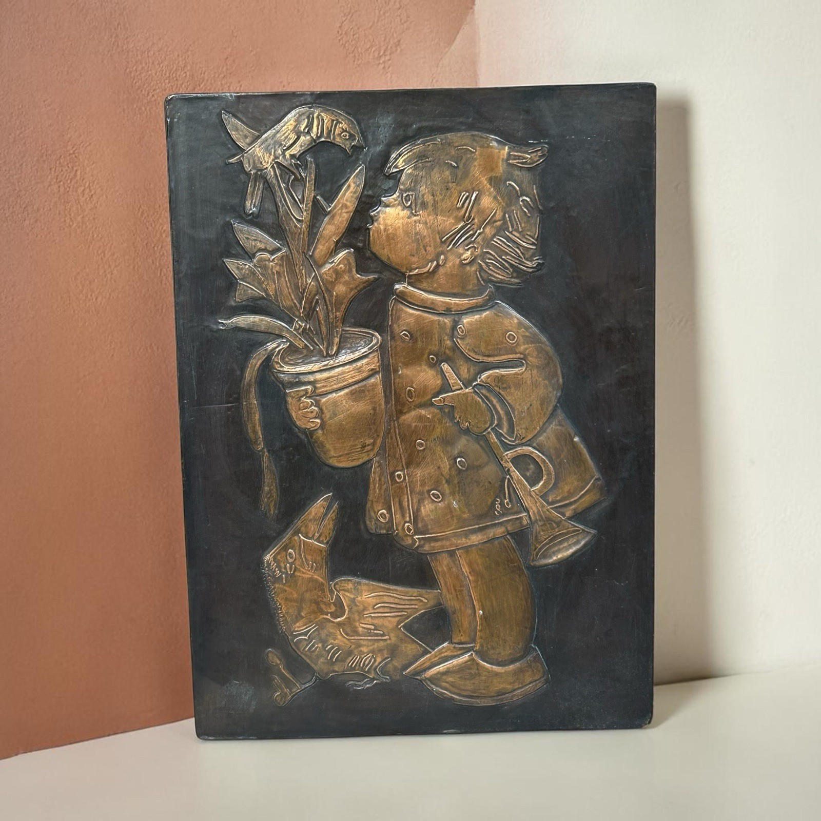 MCM Copper Wall Art Child Plant Birds Horn 12” X 8.5”