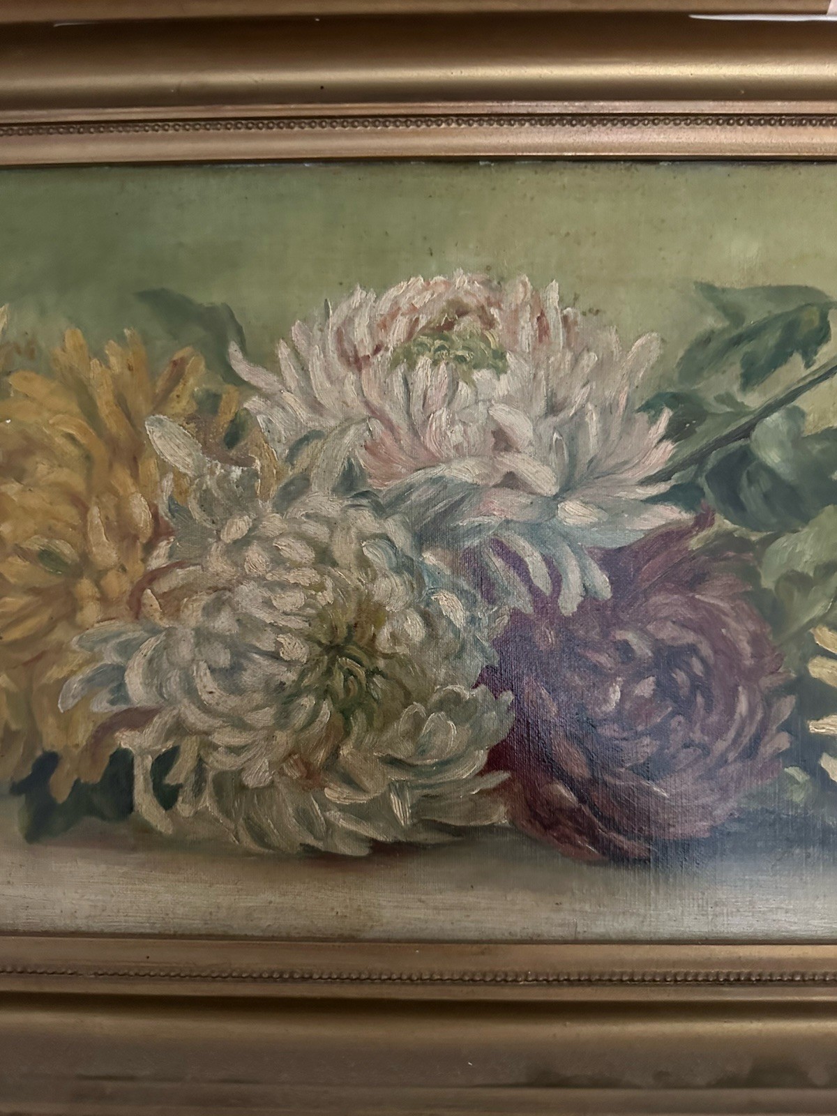 Antique Victorian Rare Horizontal Oil / C Chrysanthemum’s 40 X 14 Still Life
