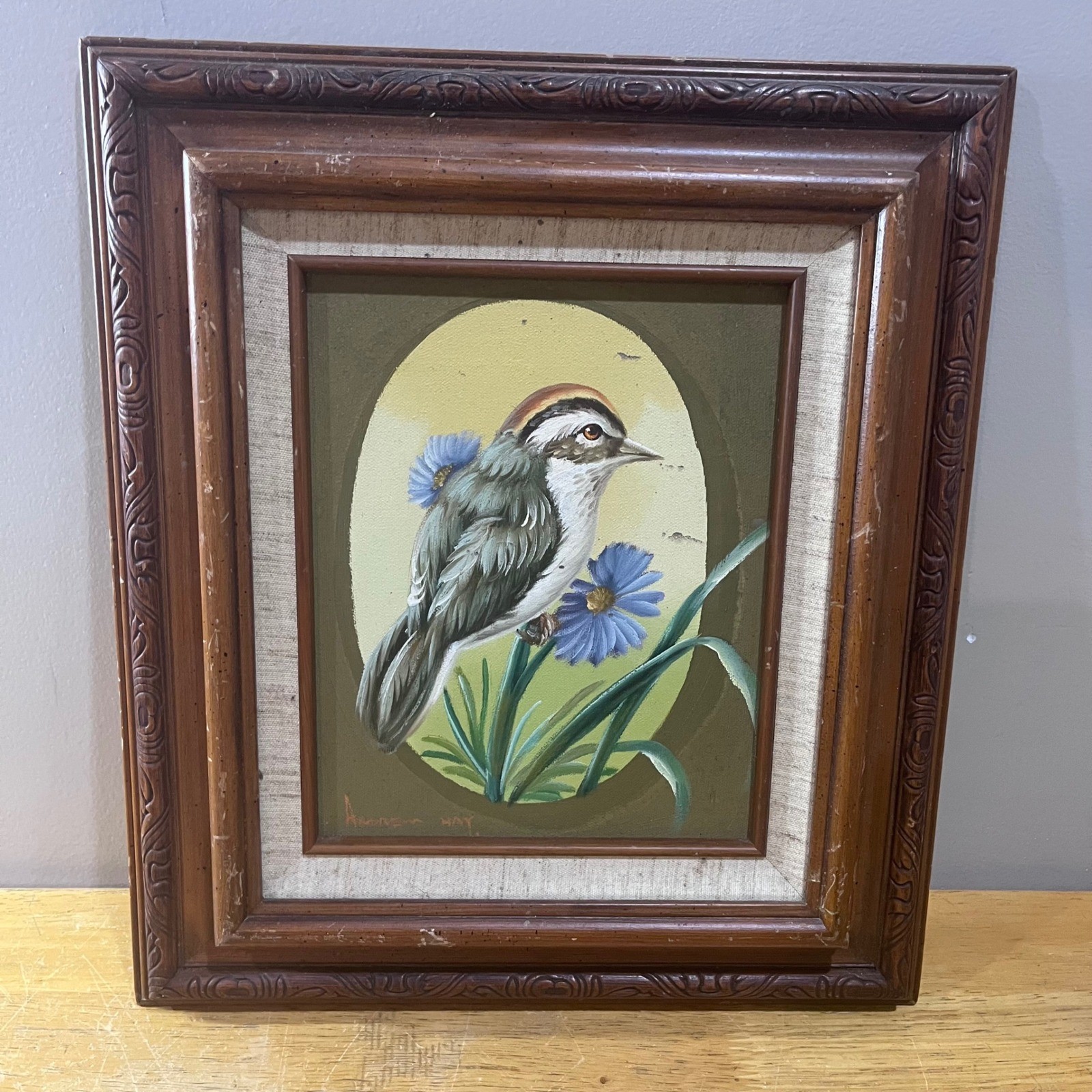 Vtg Andrew Hay Bird Oil Painting Ornate Wood Frame Cottagecore Nature Art 12×14