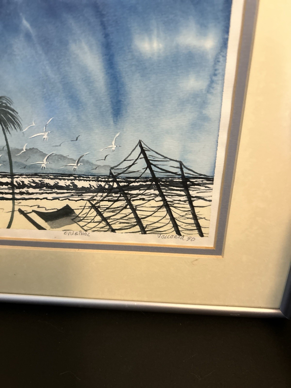 Beachfront Watercolor Painting Palms Seagulls Original Manisa By Vallaria 1990