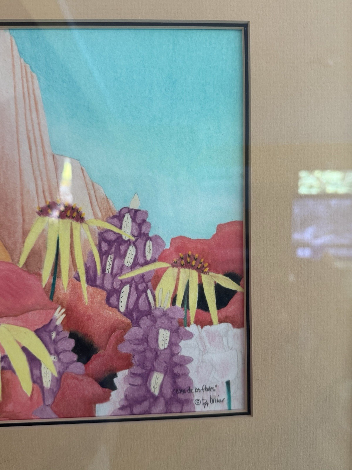 BJ Briner – Taos Artist – Casa de Los Flores – Framed Oil Pencil Paper Painting