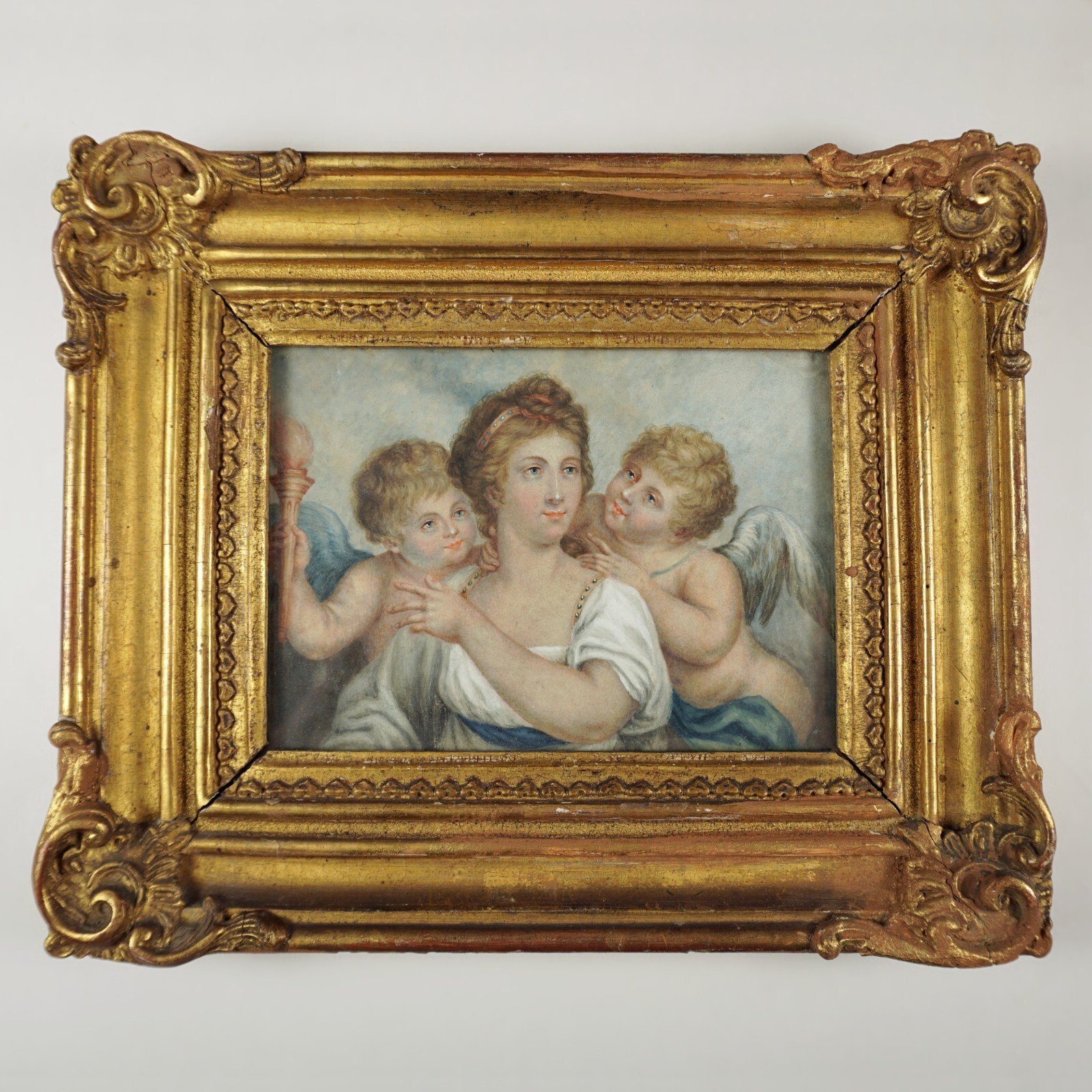 Antique Miniature Portrait Painting Georgian Era Gouache on Vellum Gilt Frame