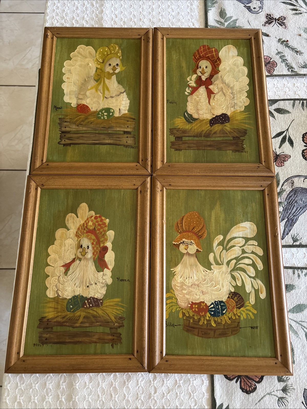 Set Of 4 Vintage Handpainted Chicken Hen Wood Framed Paintings 15 X 10”