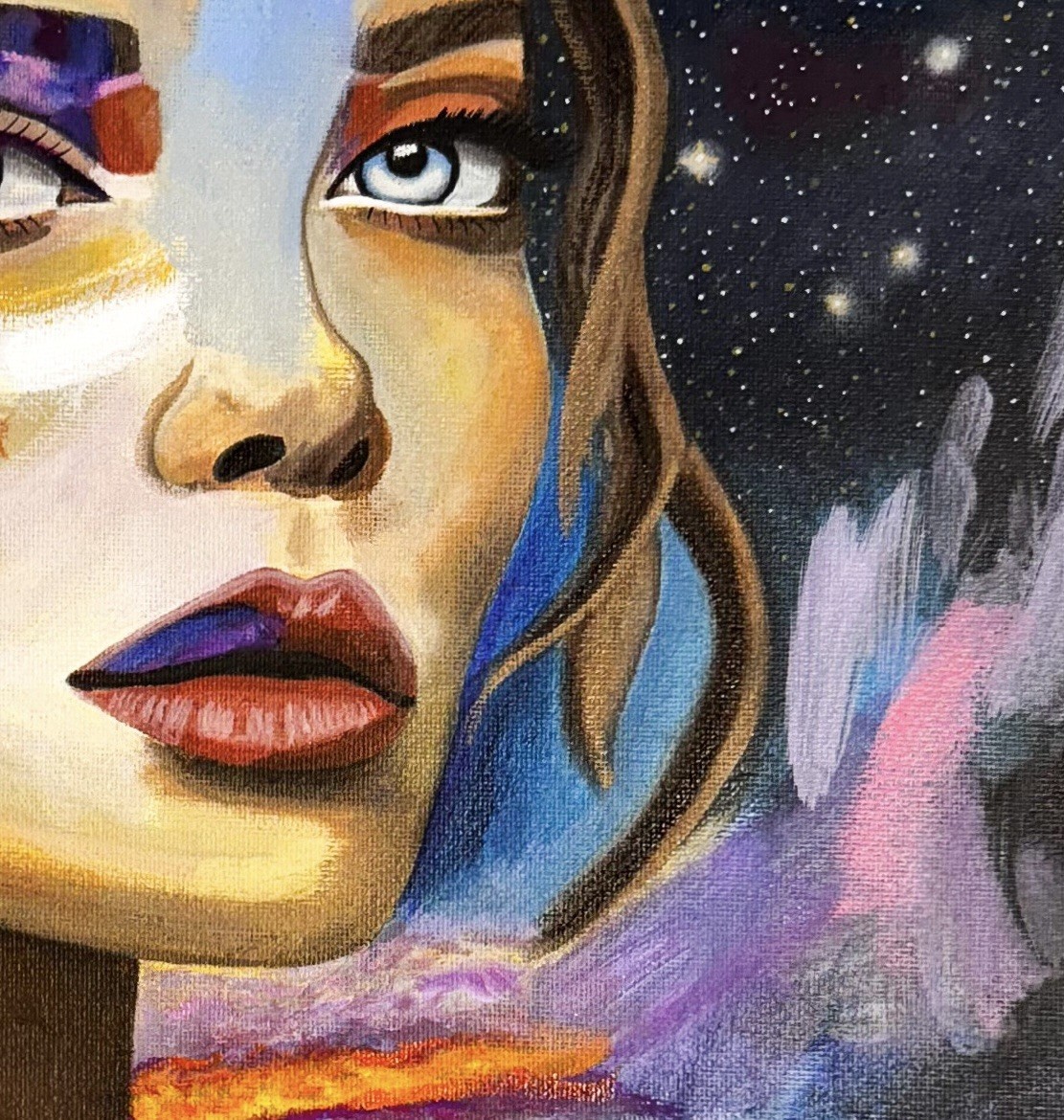 “In Her Element” Acrylic Oil Collage On Canvas 16”x20” Painting Woman Galaxy