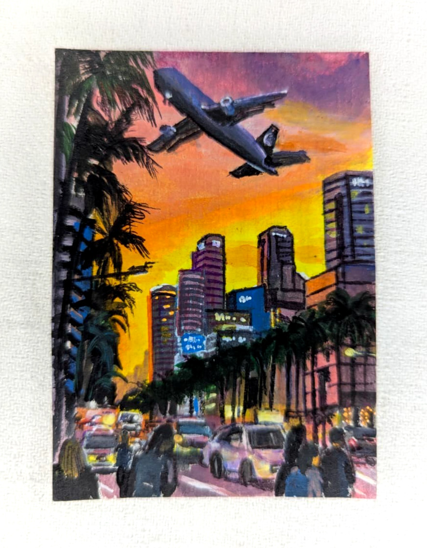 ACEO Original Acrylic Painting OOAK Miniature Cityscape Airplane Sunset Art