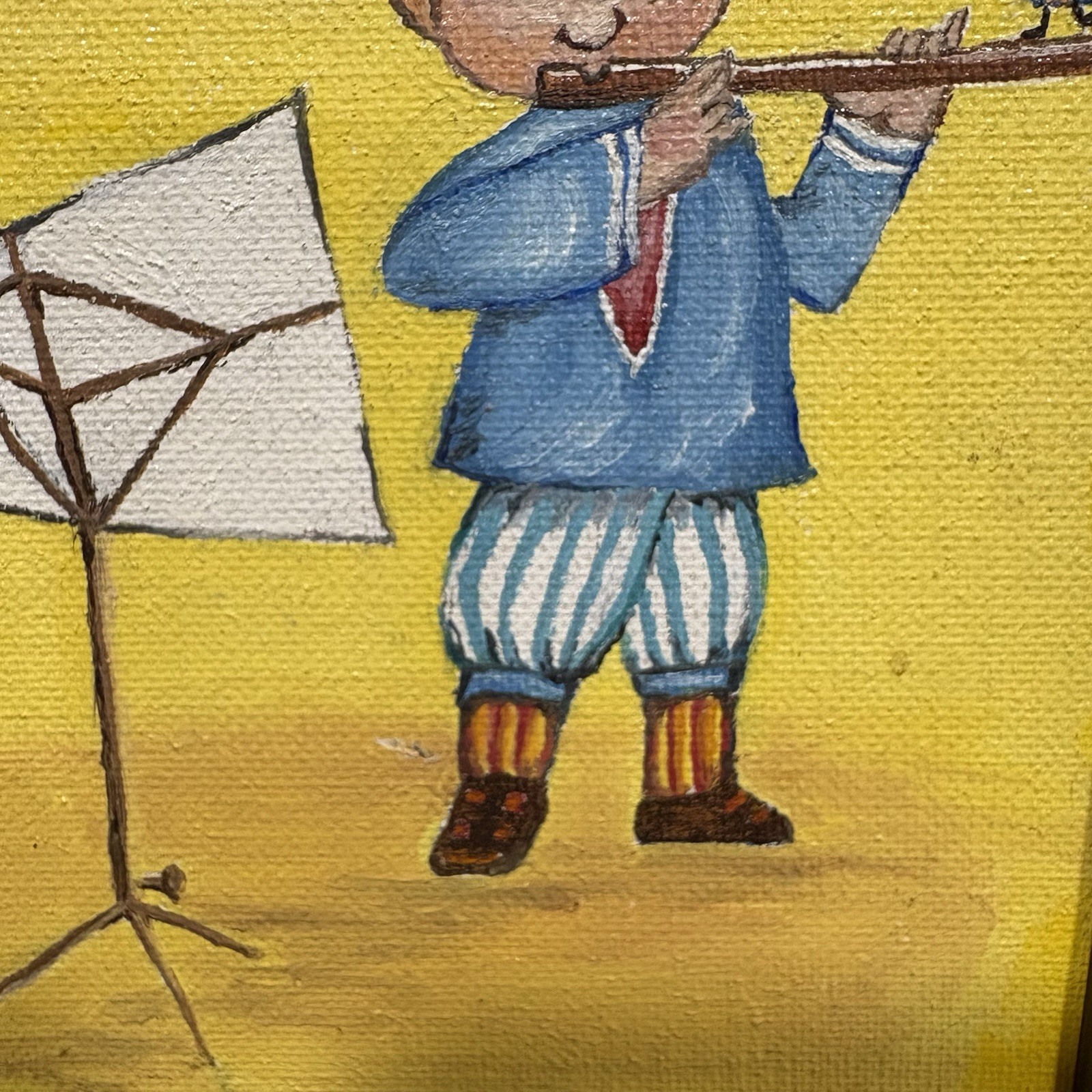 Framed Canvas Painting Small Signed E Weeks Boy Playing Flute 8.5” X 6.5”