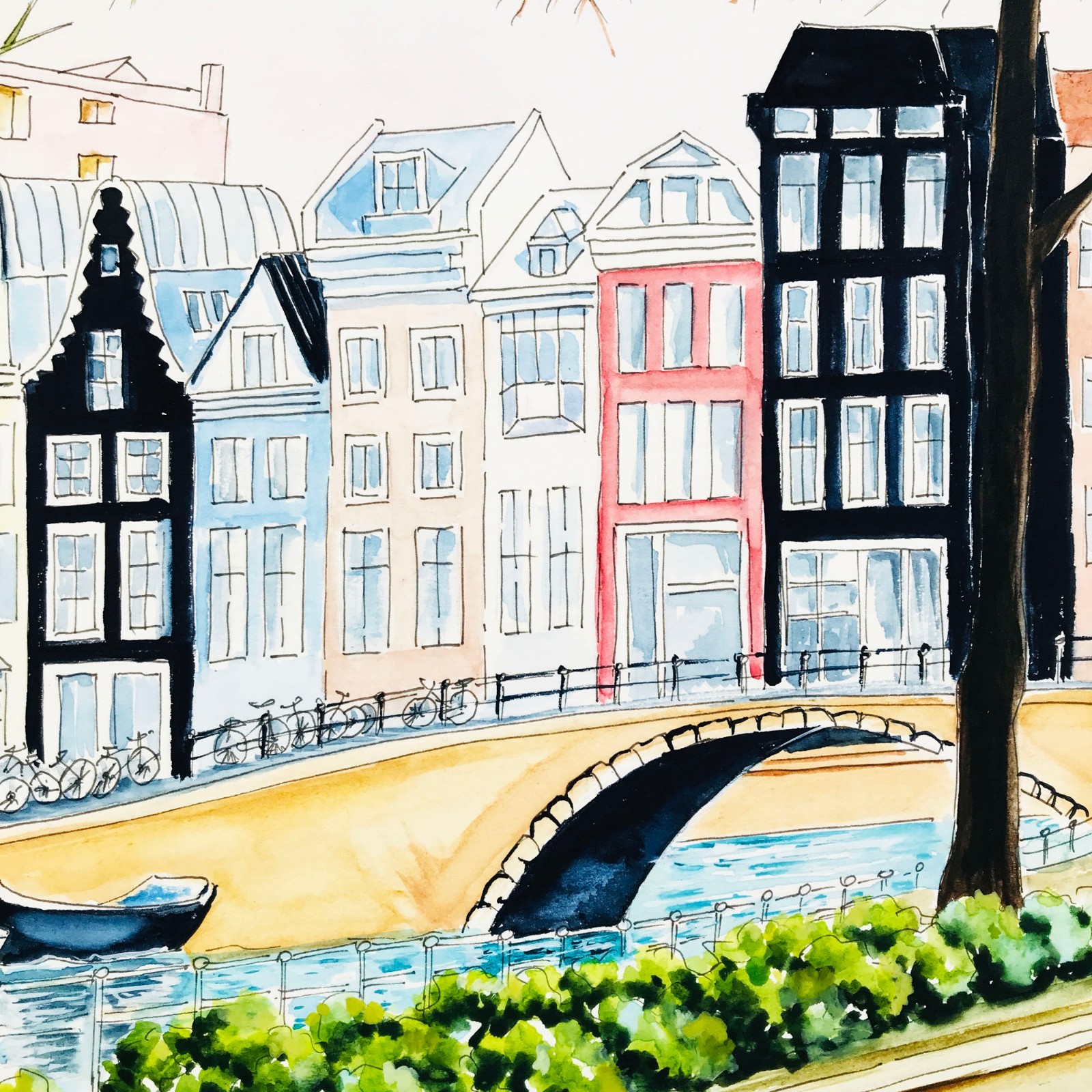 Amsterdam Original Art Netherlands Painting Watercolor Cityscape Art 12 x 12″