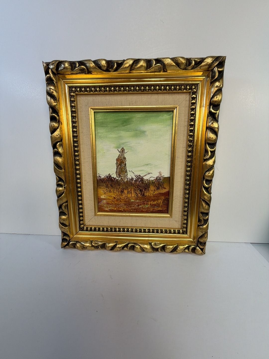Vintage RC Stanley Western Cowboy Oil Painting on Canvas in Ornate Gold Frame