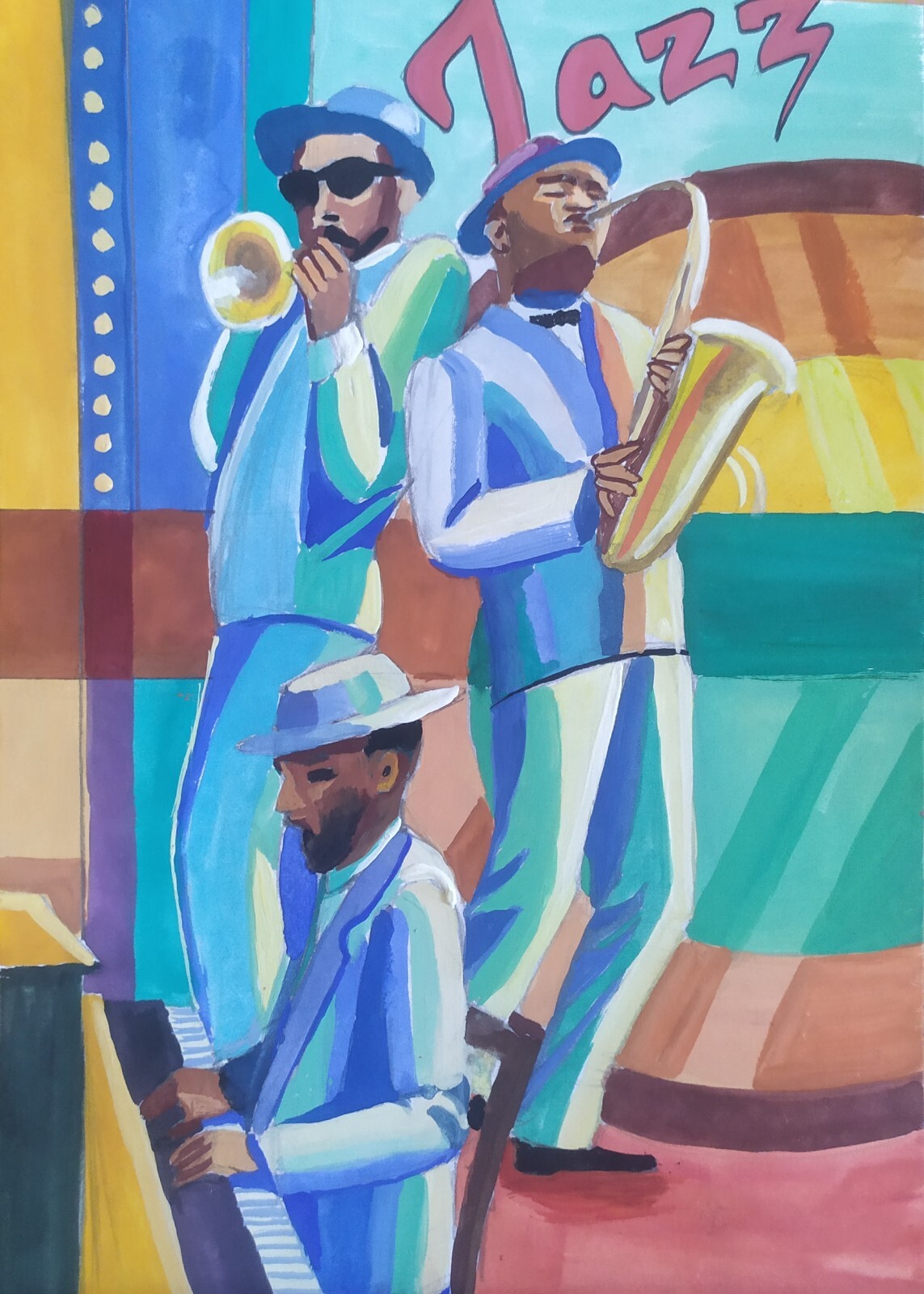 Custom acrylic painting stylized playing jazzmen on panel handmade art for order